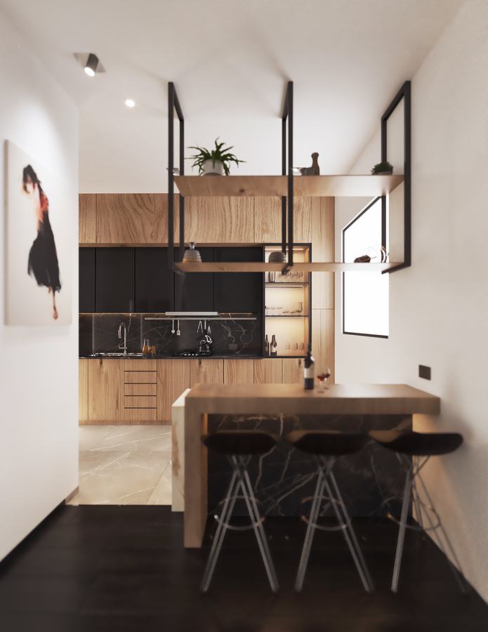 Cocina de madera y negro con barra