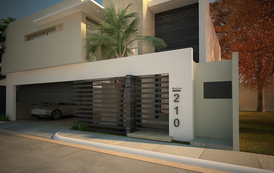Fachada contemporánea con portón de aluminio