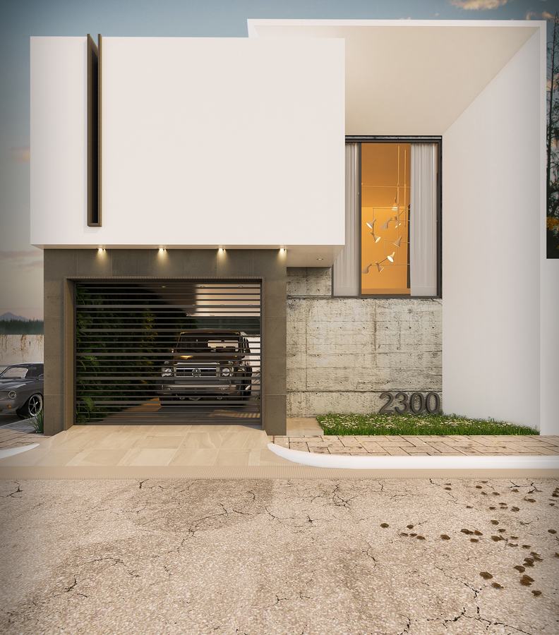 Fachada minimalista blanca con concreto aparente