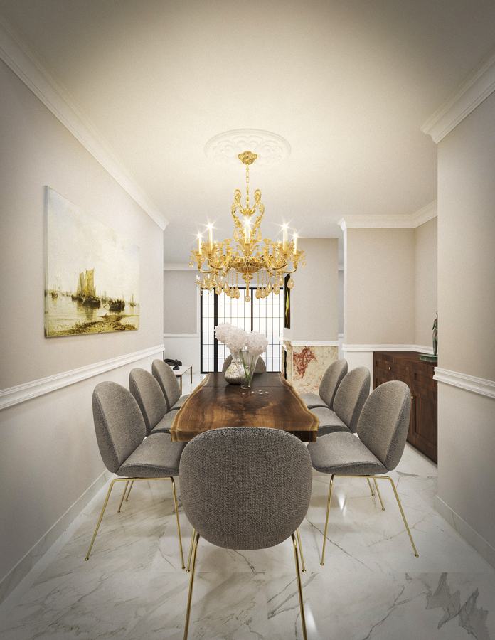 Comedor clásico con mesa de parota y candil dorado