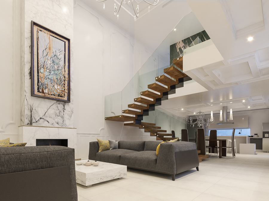 Sala a doble altura con escalera flotante de madera