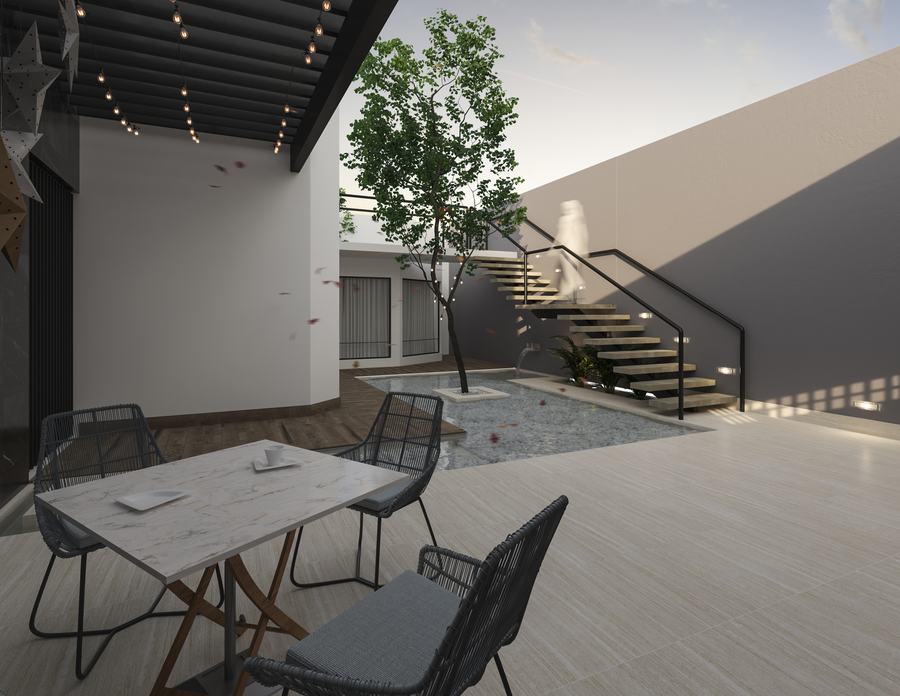 Patio interior con árbol, espejo de agua y escalera
